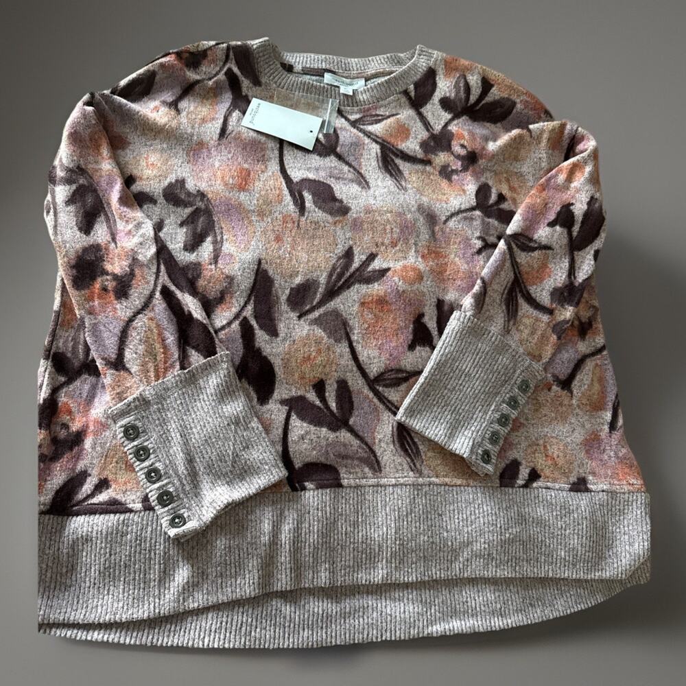 Westbound Tonal Floral Toss Long Sleeve Button Cuff Top - Picture 7 of 10